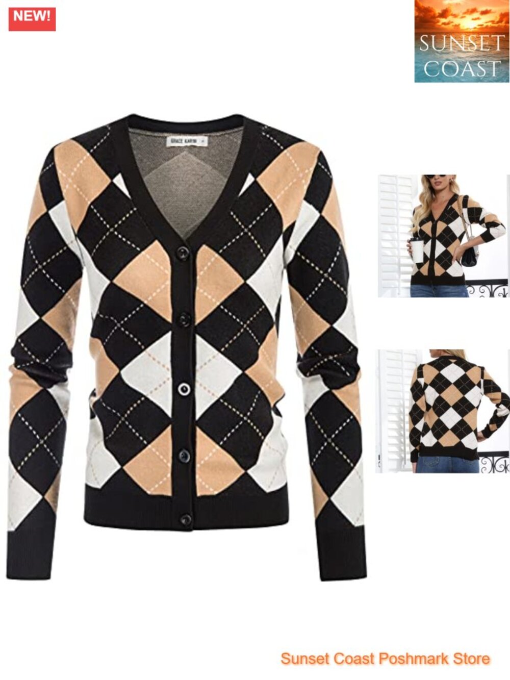 Women's Slim Fit Argyle Knit Button Down Cardigan Sweater Long Sleeve V-Neck